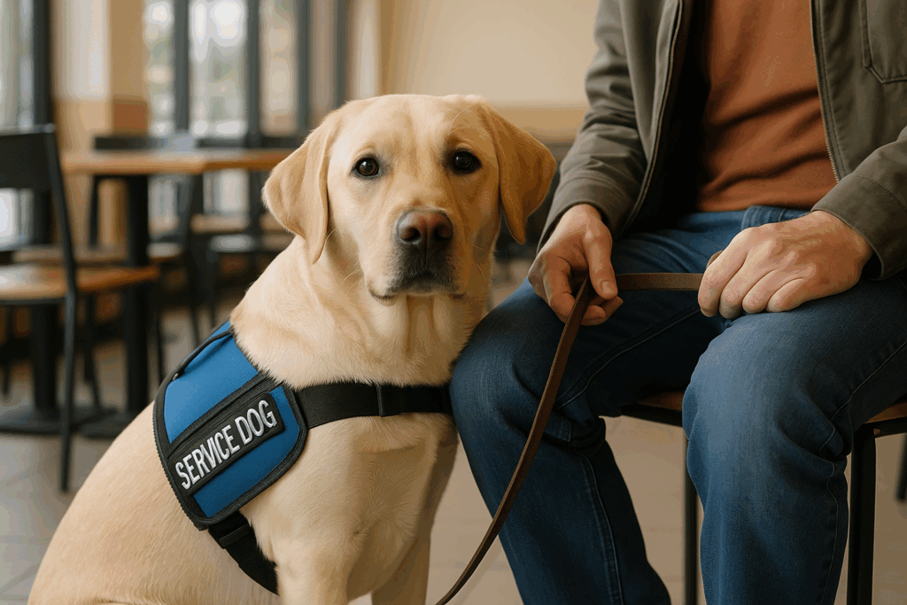 Service Dog Sitting with Handler in Public