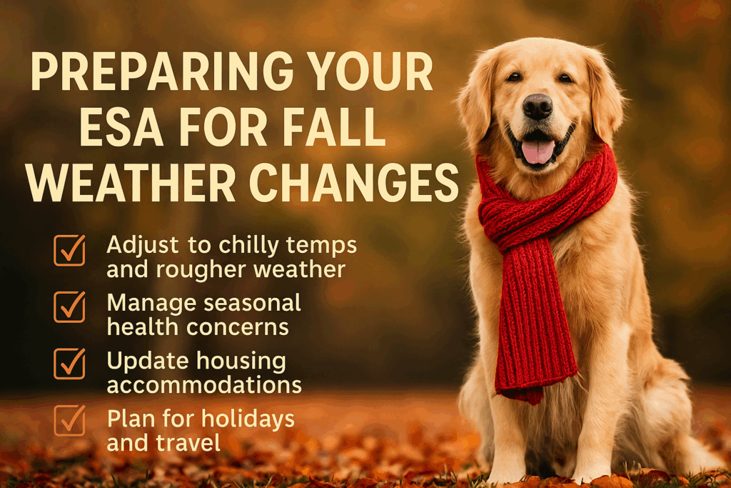Golden Retriever wearing a red scarf sits in autumn leaves with text that reads “Preparing Your ESA for Fall Weather Changes” and a checklist of seasonal care tips.