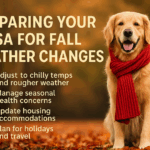Golden Retriever wearing a red scarf sits in autumn leaves with text that reads “Preparing Your ESA for Fall Weather Changes” and a checklist of seasonal care tips.