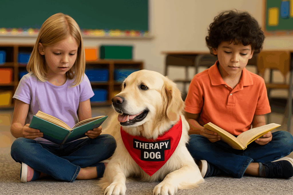 A golden retriever therapy dog lying beside two young children as they read books aloud in a school classroom.
