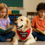 A golden retriever therapy dog lying beside two young children as they read books aloud in a school classroom.