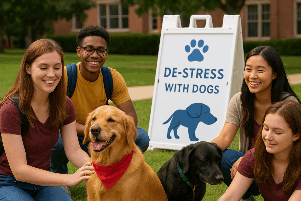 College students gathered around therapy dogs at an outdoor “de-stress” mental health event on campus.