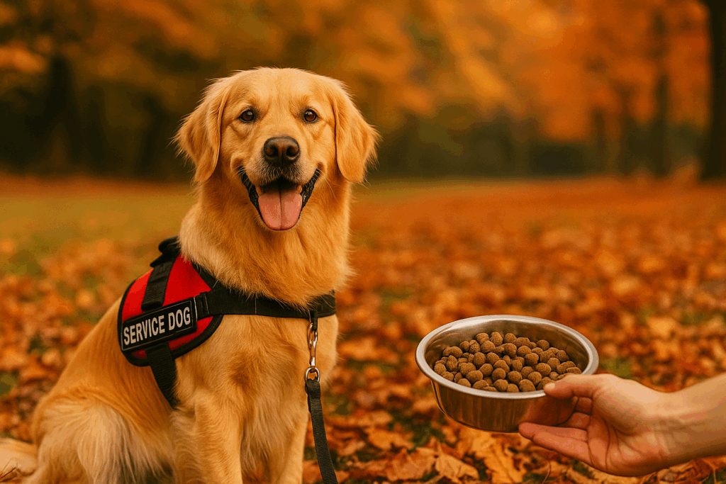Service Dog Being Feed with Vest On