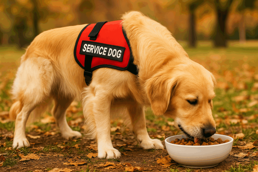 Service Dog Eating with Vest On