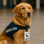 Golden Retriever service dog wearing a blue vest and ID tag sitting attentively in a public indoor area.