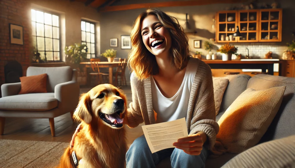 Women smiling with your ESA letter in hand next to her emotional support animal