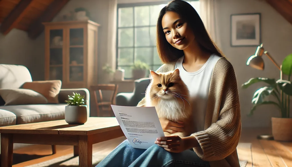 Women sitting in your home with emotional support animal cat in her lap and ESA letter in hand