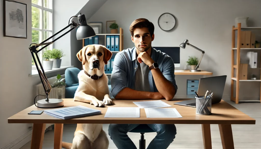 Man with his emotional support animal dog by his side at home