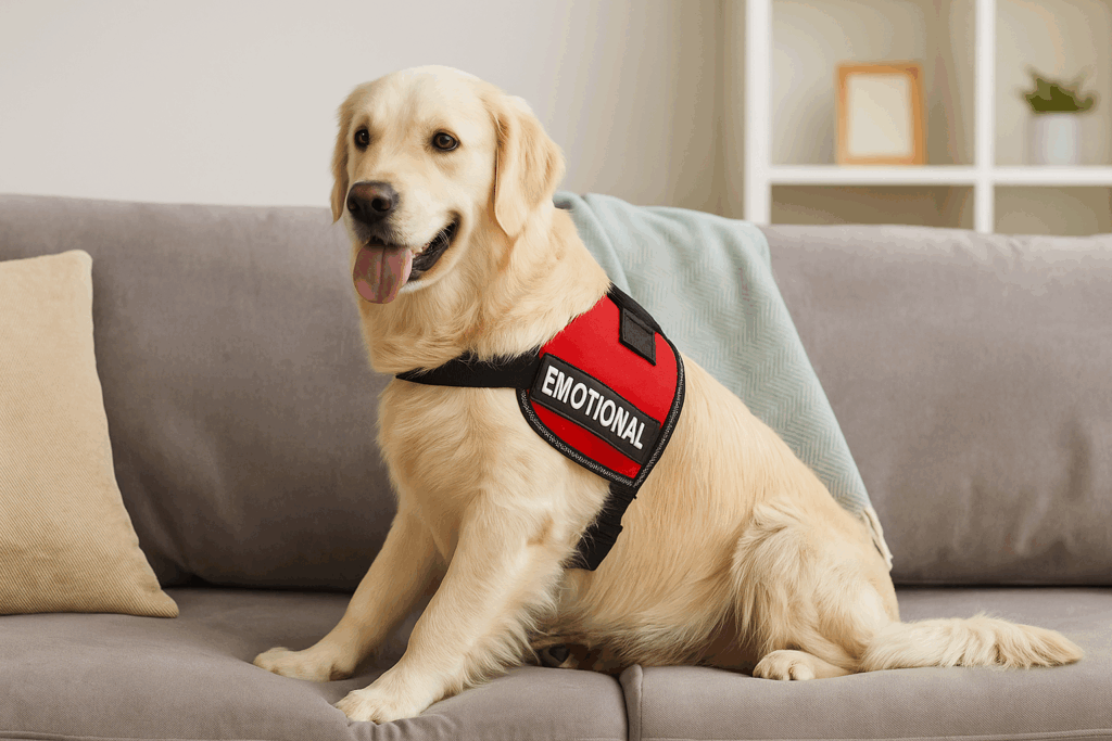Emotional Support Animal Wearing a Vest and Sitting on the Couch