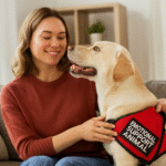 Handler Sitting with their Emotional Support Animal at Home