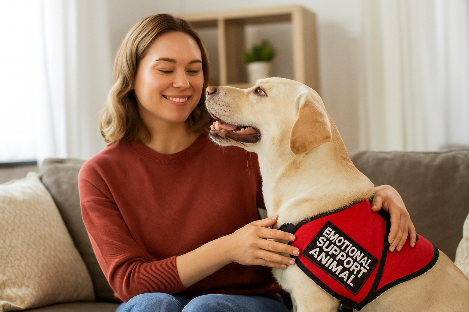 Handler Sitting with their Emotional Support Animal at Home